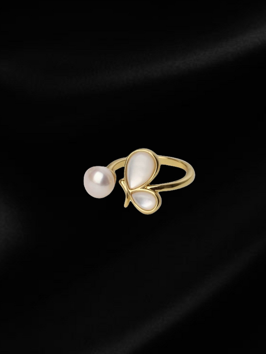 Fluttering Elegance: Butterfly Pearl Ring