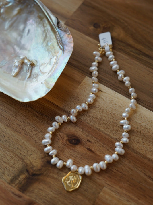 Irregular Pearl Necklace With Victorian Girl Pendant