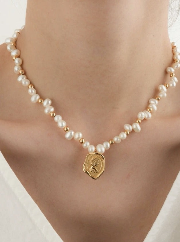 Irregular Pearl Necklace With Victorian Girl Pendant