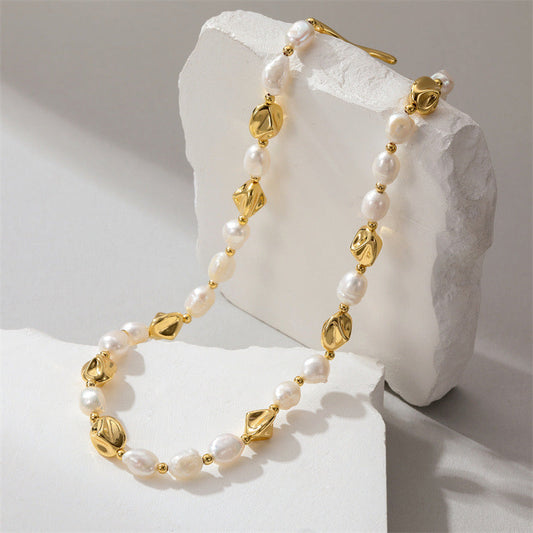 Artisan Chic: Irregular Baroque Pearl Patchwork Copper Gold-Plated Necklace