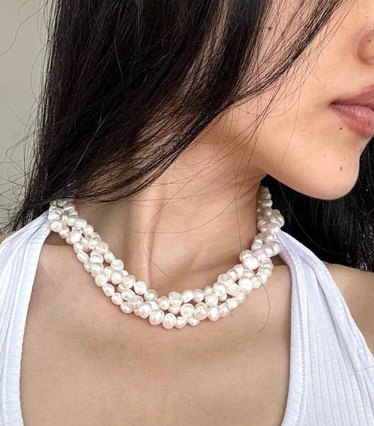 Elegance in Layers: Triple Wrap Natural Freshwater Pearl Choker Necklace