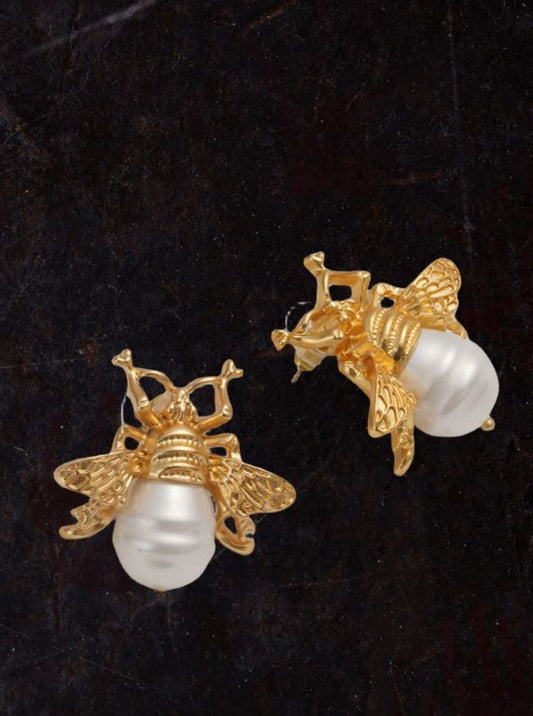 Whimsical Elegance: Vintage Bee Imitation Pearl Stud Earrings