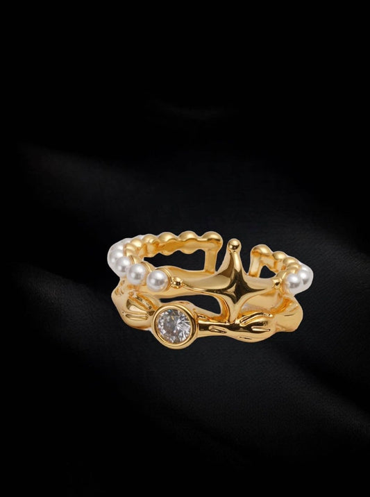 Celestial Radiance: Imitation Pearl and Star Copper Gold-Plated Adjustable Ring