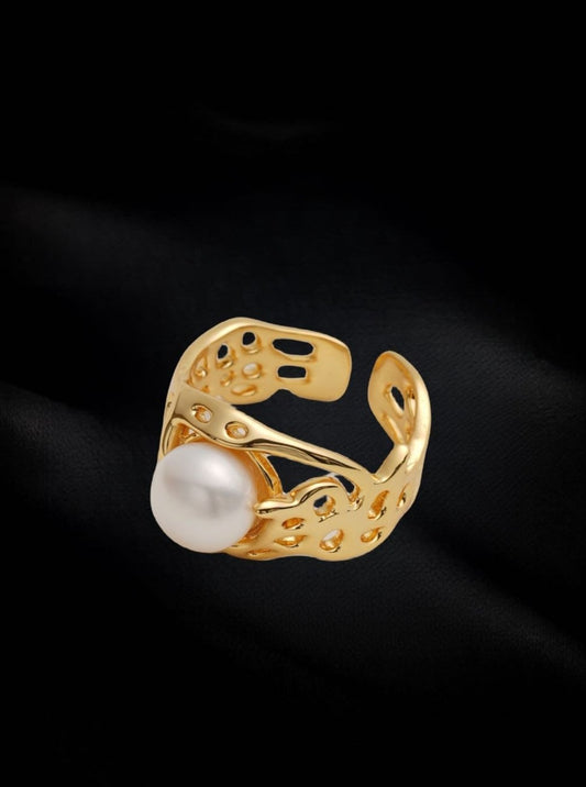 Arcane Elegance: Hollow Freshwater Pearl Adjustable Ring