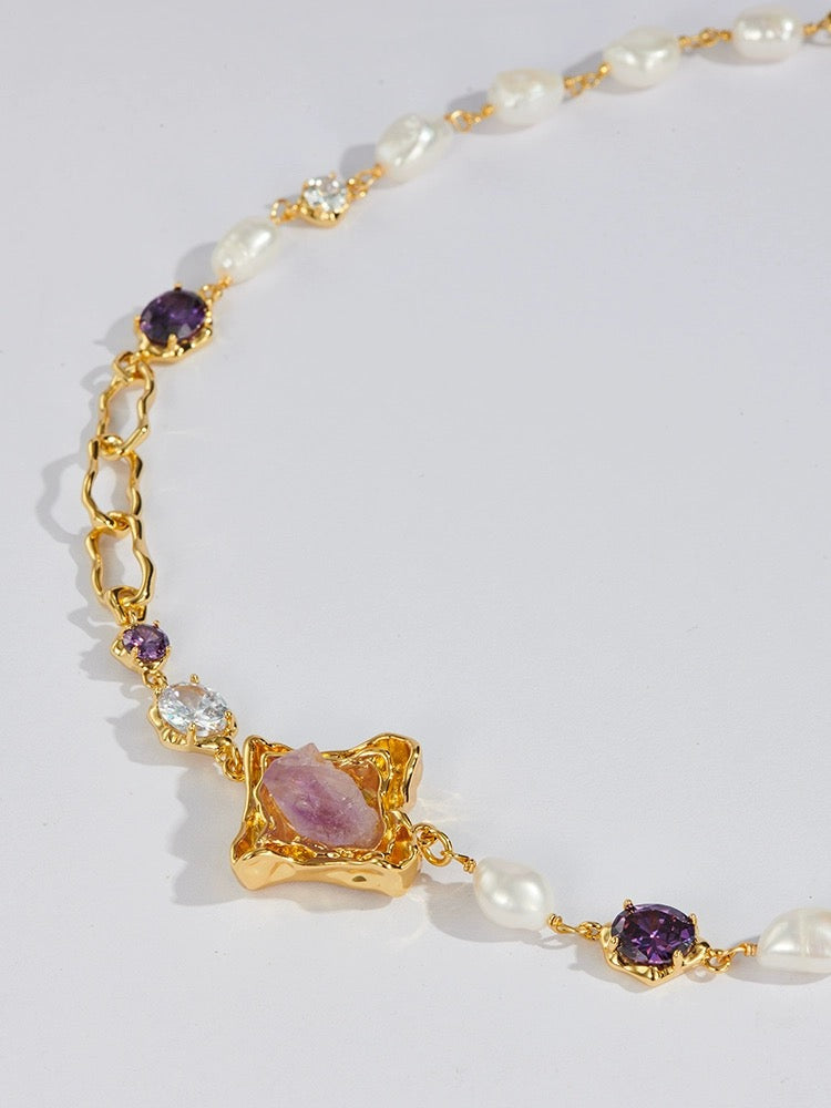 Enchanting Fusion: Amethyst & Freshwater Pearl Irregular Necklace