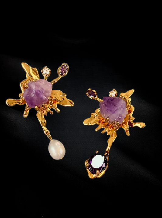 Whimsical Wings: Amethyst & Freshwater Pearl Asymmetrical Butterfly Earrings